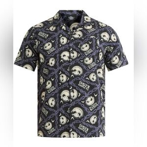 Nightmare Before Christmas Print Button-Up Cotton Shirt with Short Sleeves